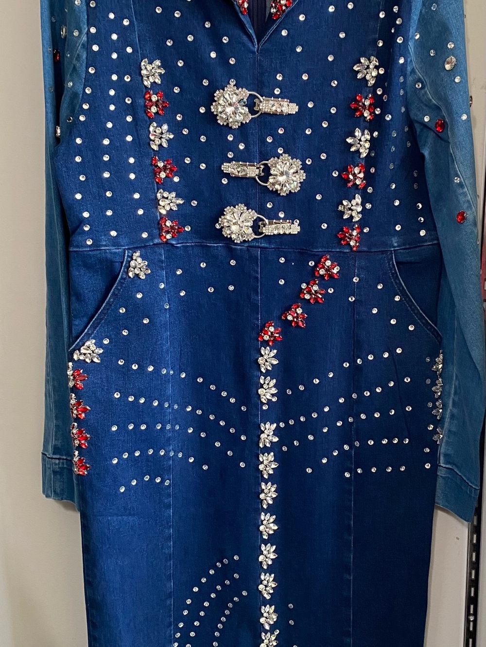 Gorgeous Embellished Blue Denim Long Dress with Crystal Accents
